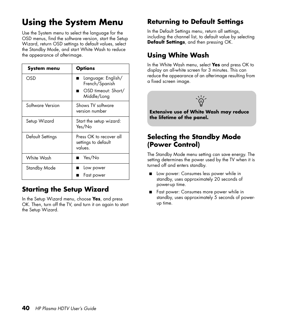 Using the system menu, Starting the setup wizard, Returning to default settings | Using white wash, Selecting the standby mode (power control) | HP PL4260N User Manual | Page 50 / 186