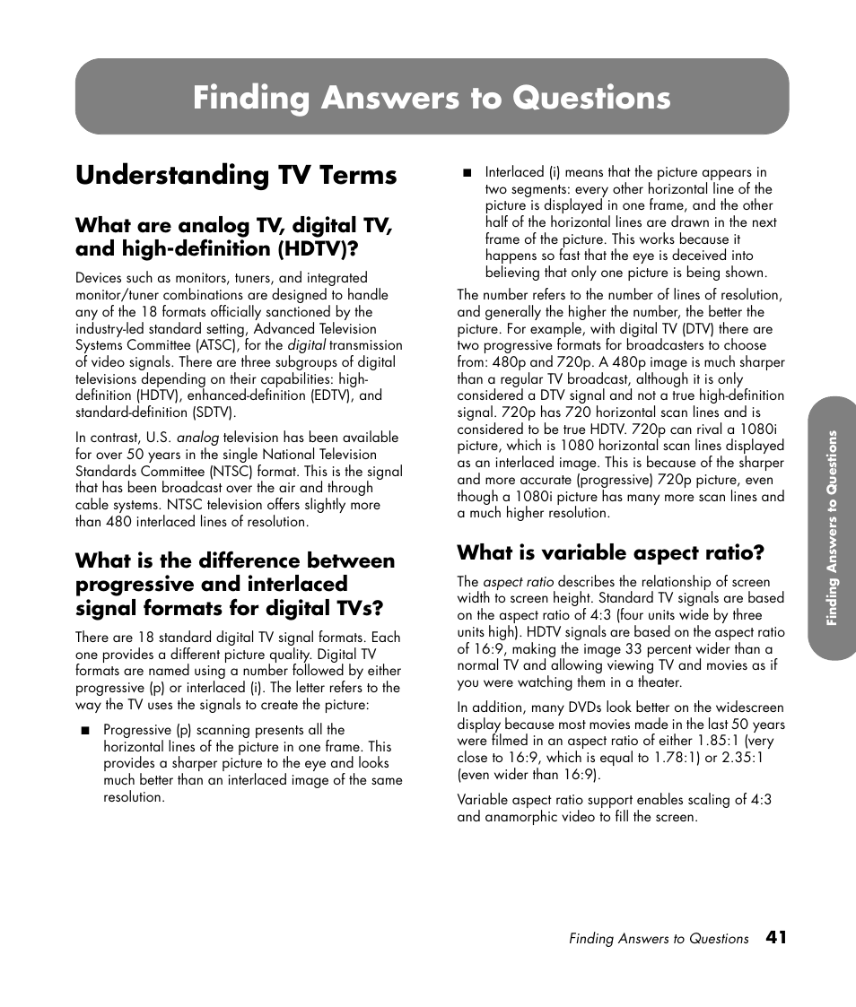 Finding answers to questions, Understanding tv terms, What is variable aspect ratio | HP PL4260N User Manual | Page 51 / 186