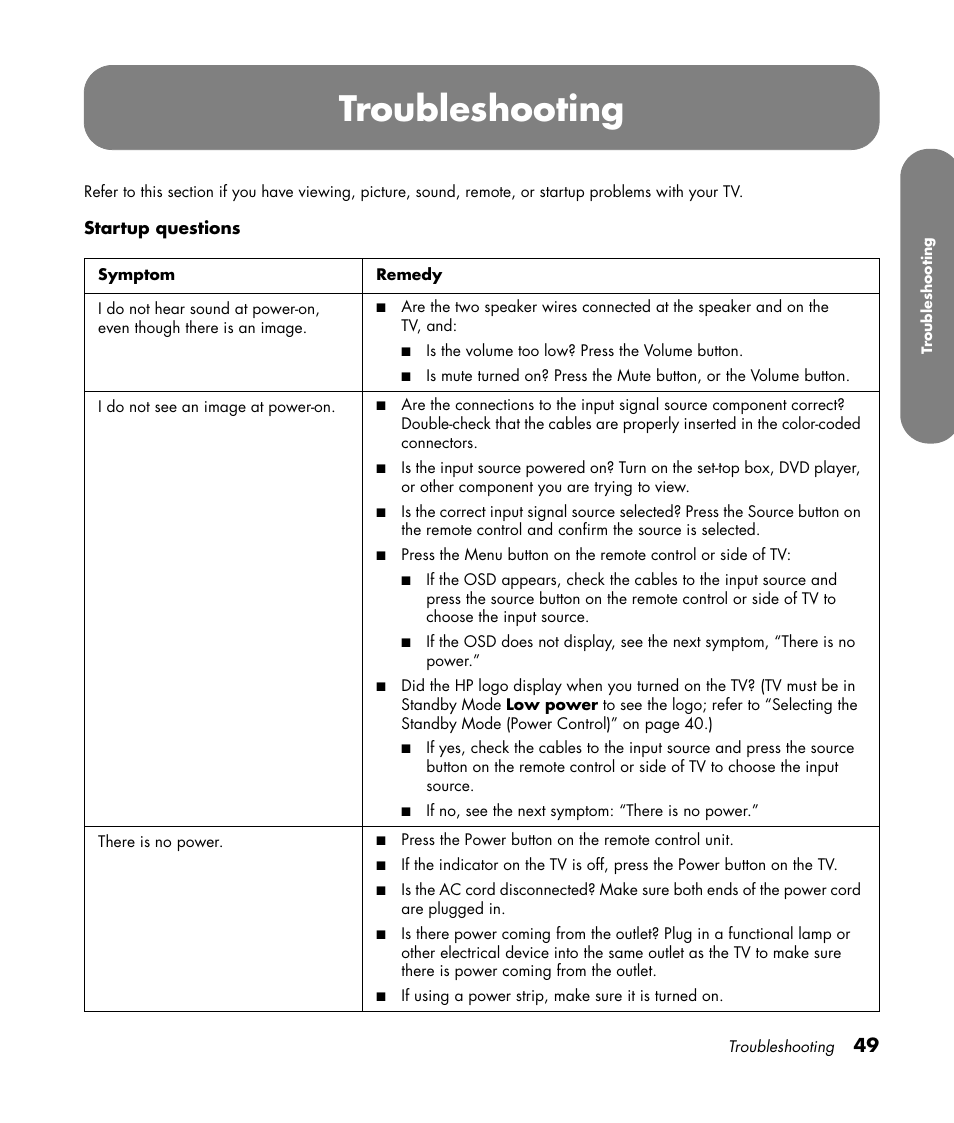Troubleshooting | HP PL4260N User Manual | Page 59 / 186