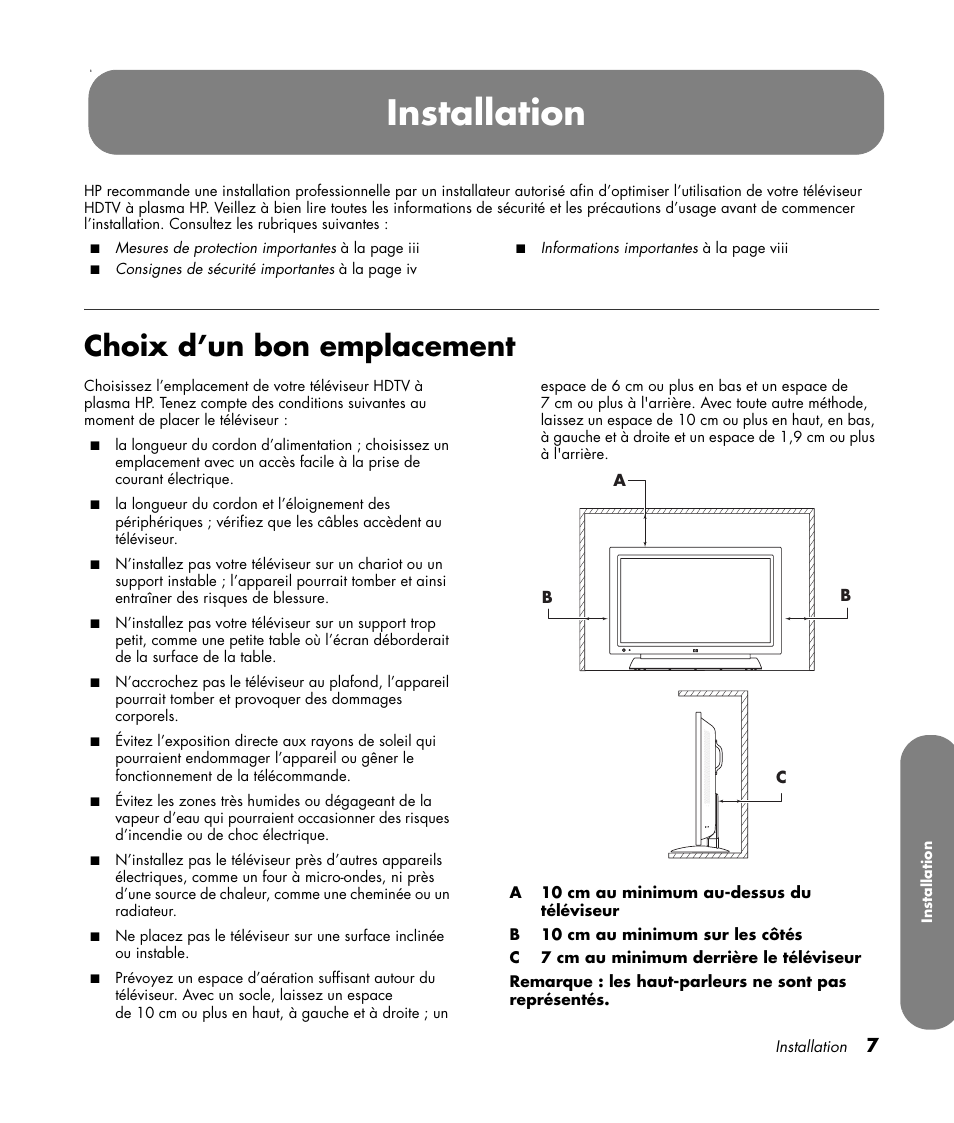 Installation, Choix d’un bon emplacement | HP PL4260N User Manual | Page 79 / 186
