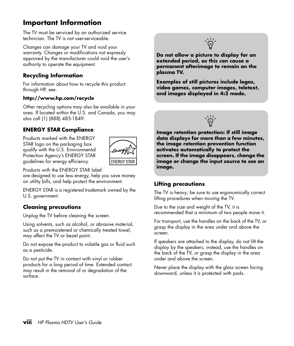 Important information | HP PL4260N User Manual | Page 8 / 186