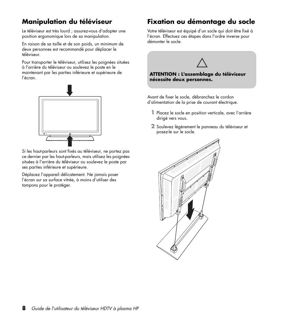 Manipulation du téléviseur, Fixation ou démontage du socle | HP PL4260N User Manual | Page 80 / 186