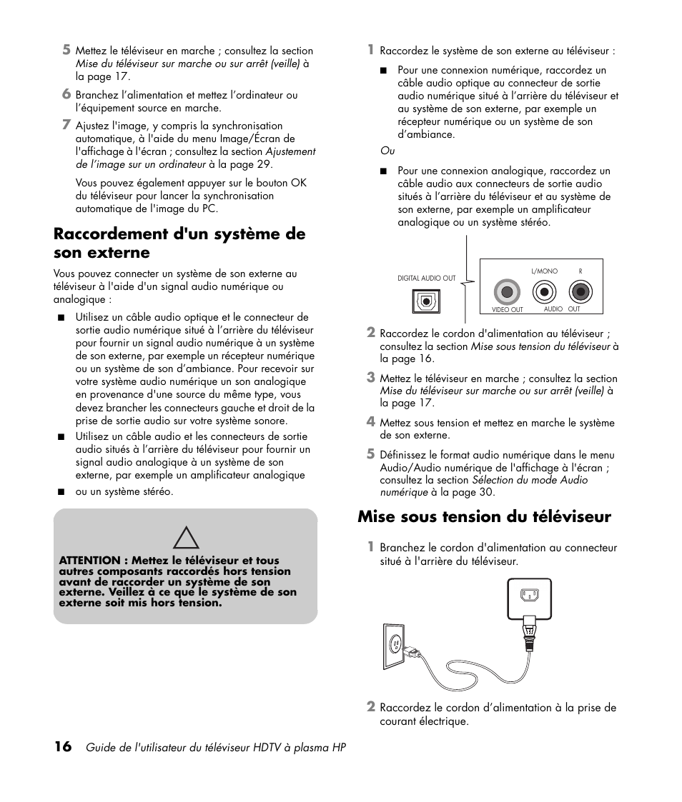 Raccordement d'un système de son externe, Mise sous tension du téléviseur | HP PL4260N User Manual | Page 88 / 186