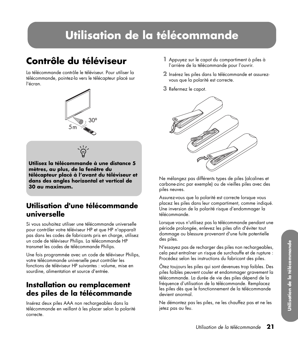 Utilisation de la télécommande, Contrôle du téléviseur, Utilisation d'une télécommande universelle | HP PL4260N User Manual | Page 93 / 186