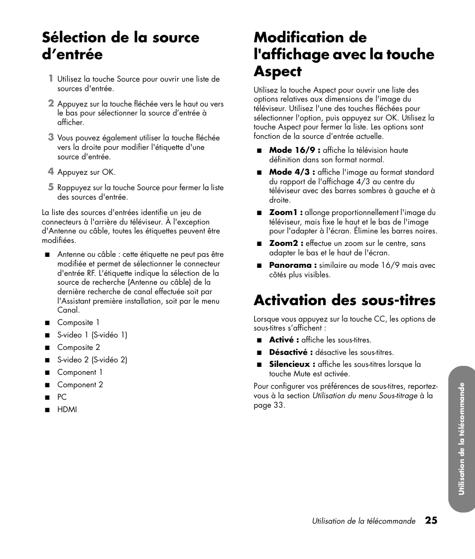 Sélection de la source d’entrée, Modification de l'affichage avec la touche aspect, Activation des sous-titres | HP PL4260N User Manual | Page 97 / 186