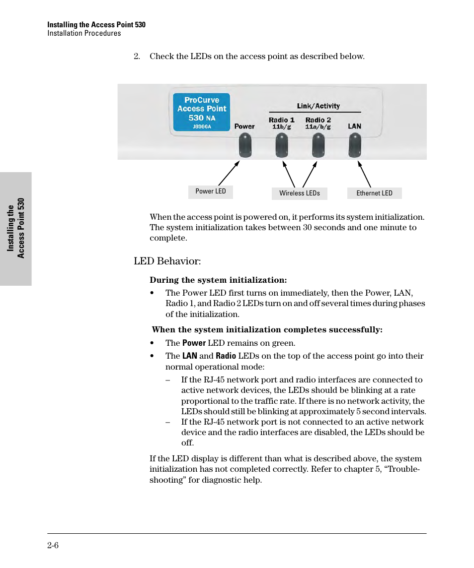 Led behavior, Led behavior: -6 | HP PROCURVE 530 User Manual | Page 24 / 114