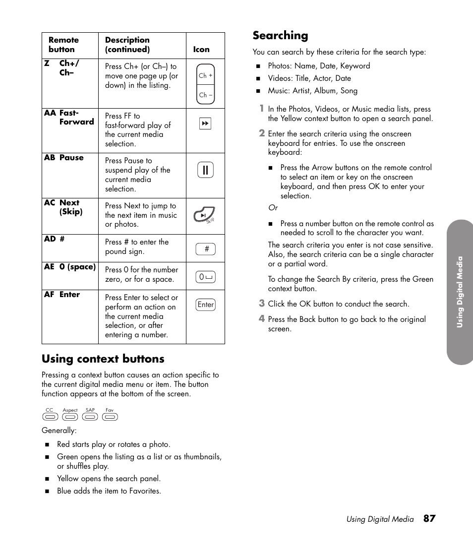 Using context buttons, Searching, Using context buttons searching | HP 1080p User Manual | Page 100 / 426