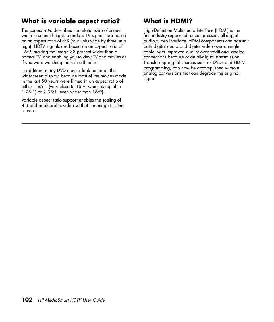 What is variable aspect ratio, What is hdmi, What is variable aspect ratio? what is hdmi | HP 1080p User Manual | Page 115 / 426