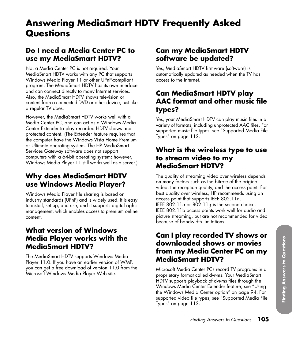Why does mediasmart hdtv use windows media player, Can my mediasmart hdtv software be updated | HP 1080p User Manual | Page 118 / 426