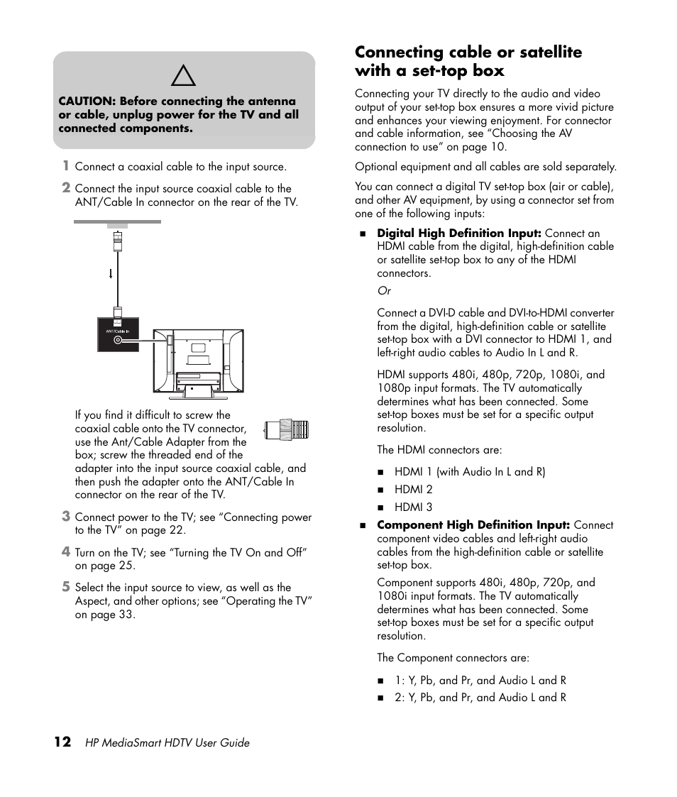 Connecting cable or satellite with a set-top box | HP 1080p User Manual | Page 25 / 426