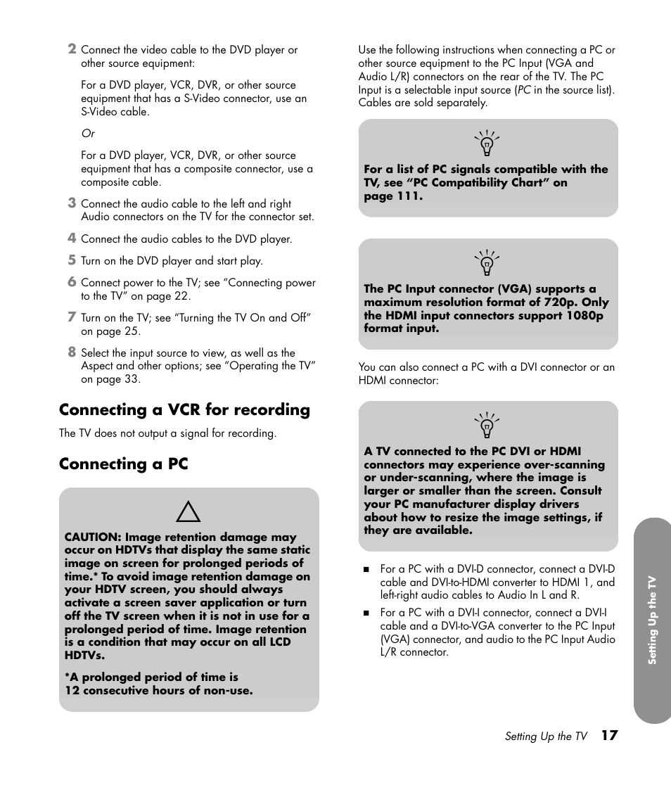 Connecting a vcr for recording, Connecting a pc, Connecting a vcr for recording connecting a pc | HP 1080p User Manual | Page 30 / 426