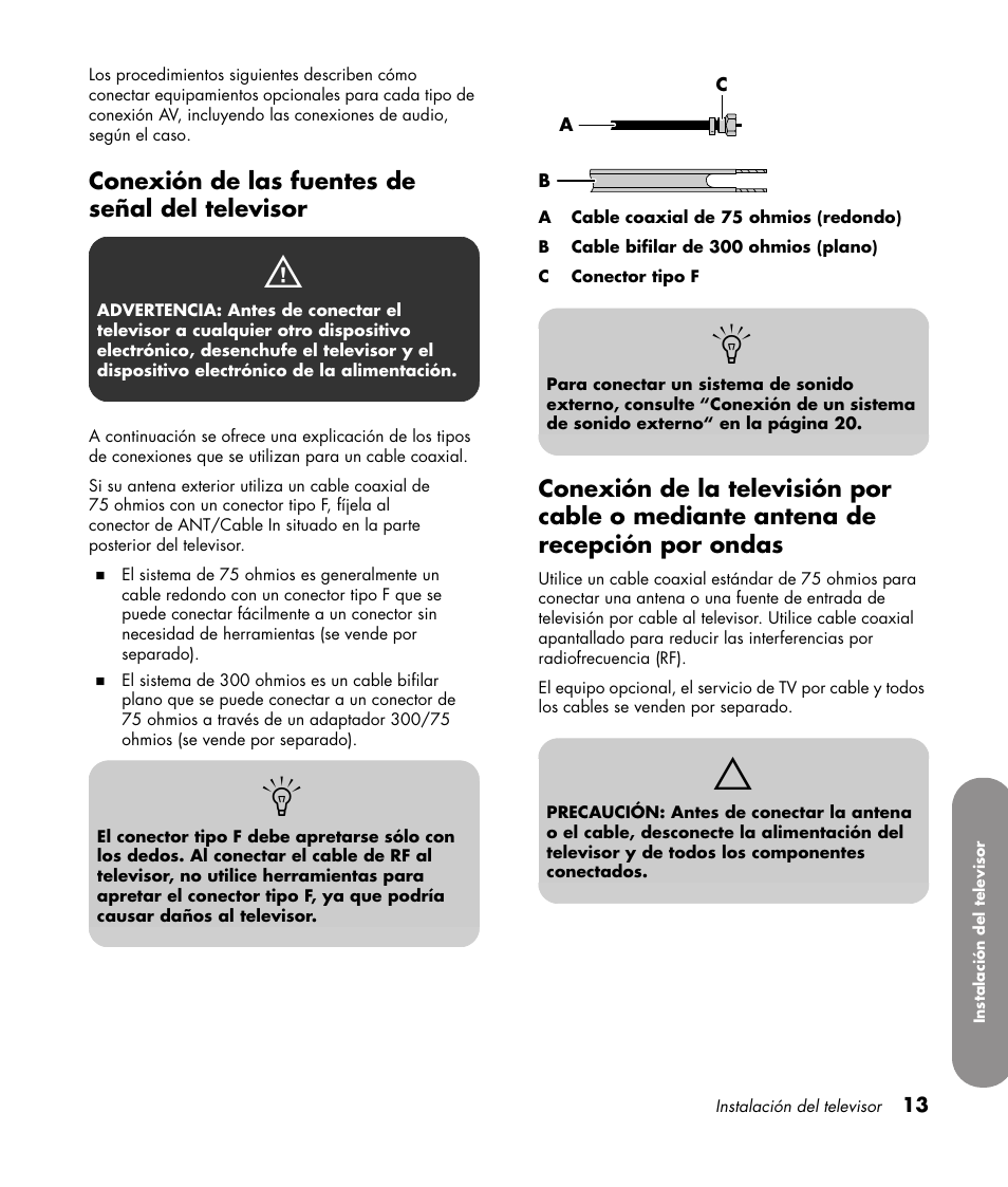 Conexión de las fuentes de señal del televisor | HP 1080p User Manual | Page 306 / 426