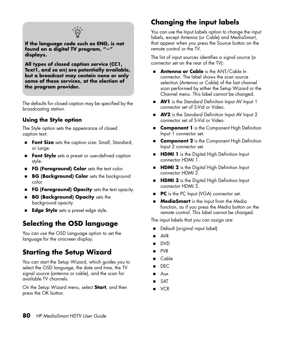 Selecting the osd language, Starting the setup wizard, Changing the input labels | HP 1080p User Manual | Page 93 / 426