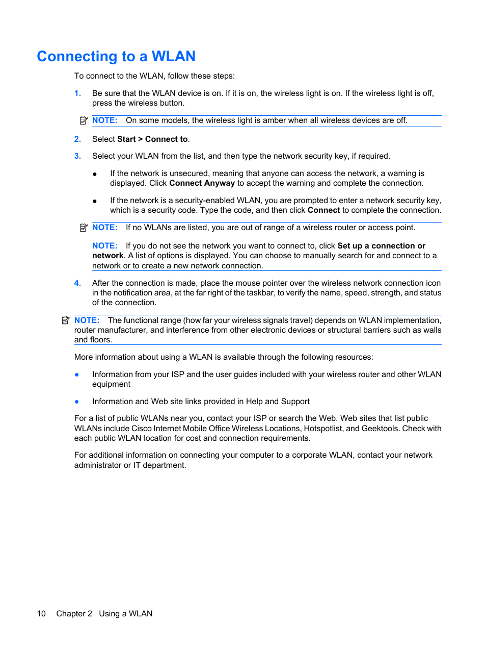 Connecting to a wlan | HP Wireless Device User Manual | Page 16 / 31