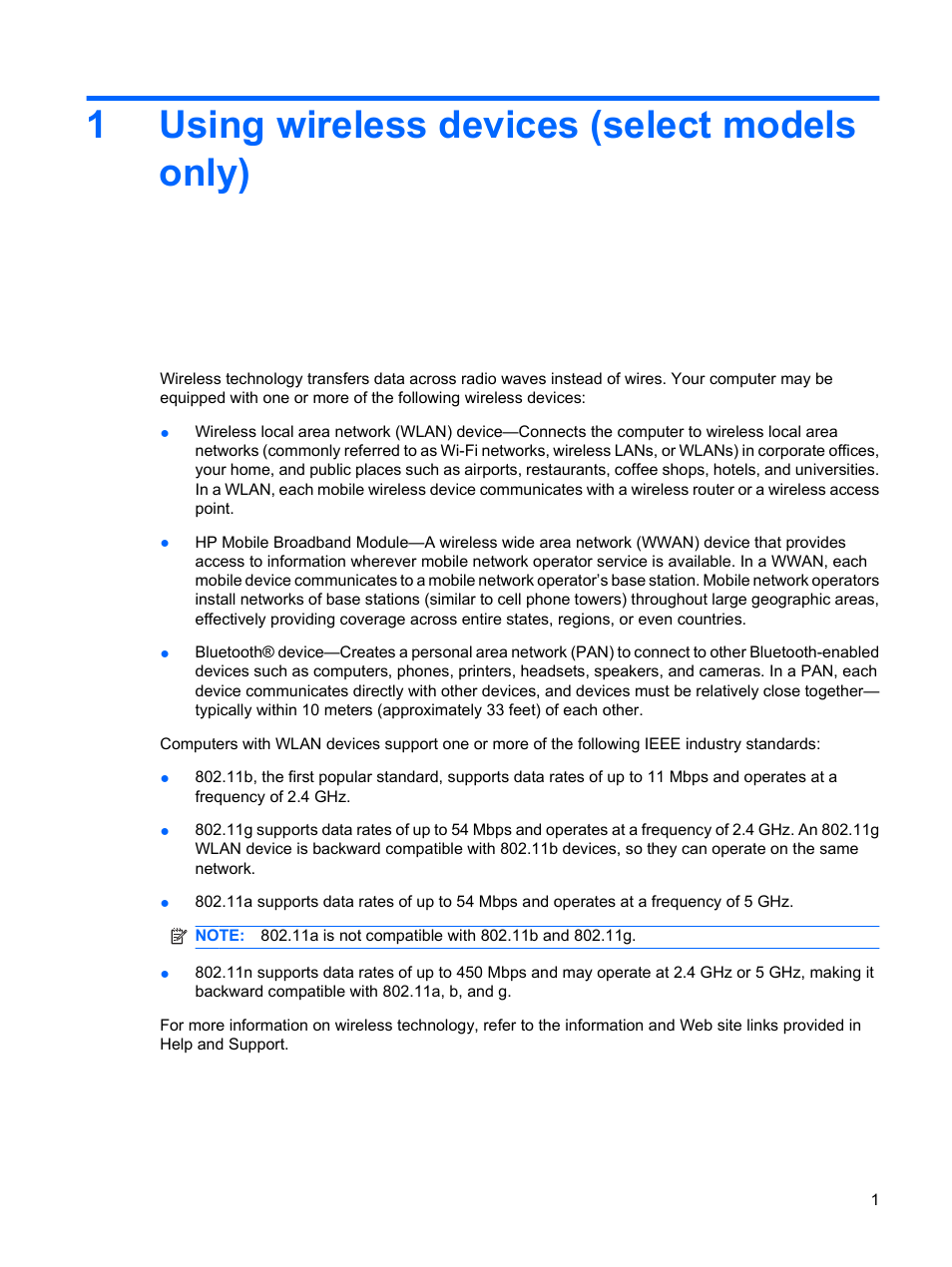 Using wireless devices (select models only), 1 using wireless devices (select models only), 1using wireless devices (select models only) | HP Wireless Device User Manual | Page 7 / 31