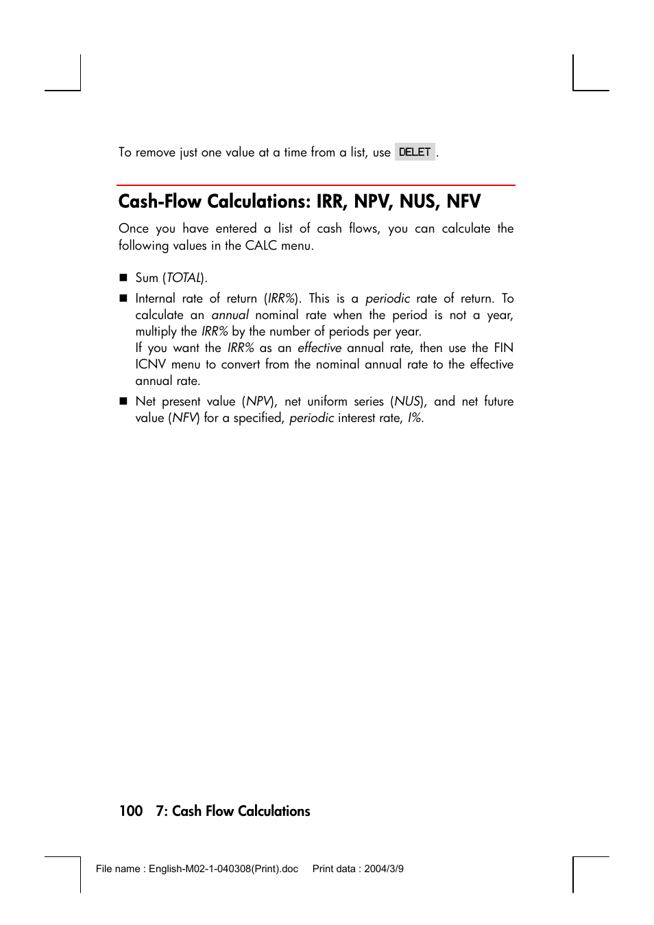 Cash-flow calculations: irr, npv, nus, nfv | HP 17bII+ User Manual | Page 100 / 310