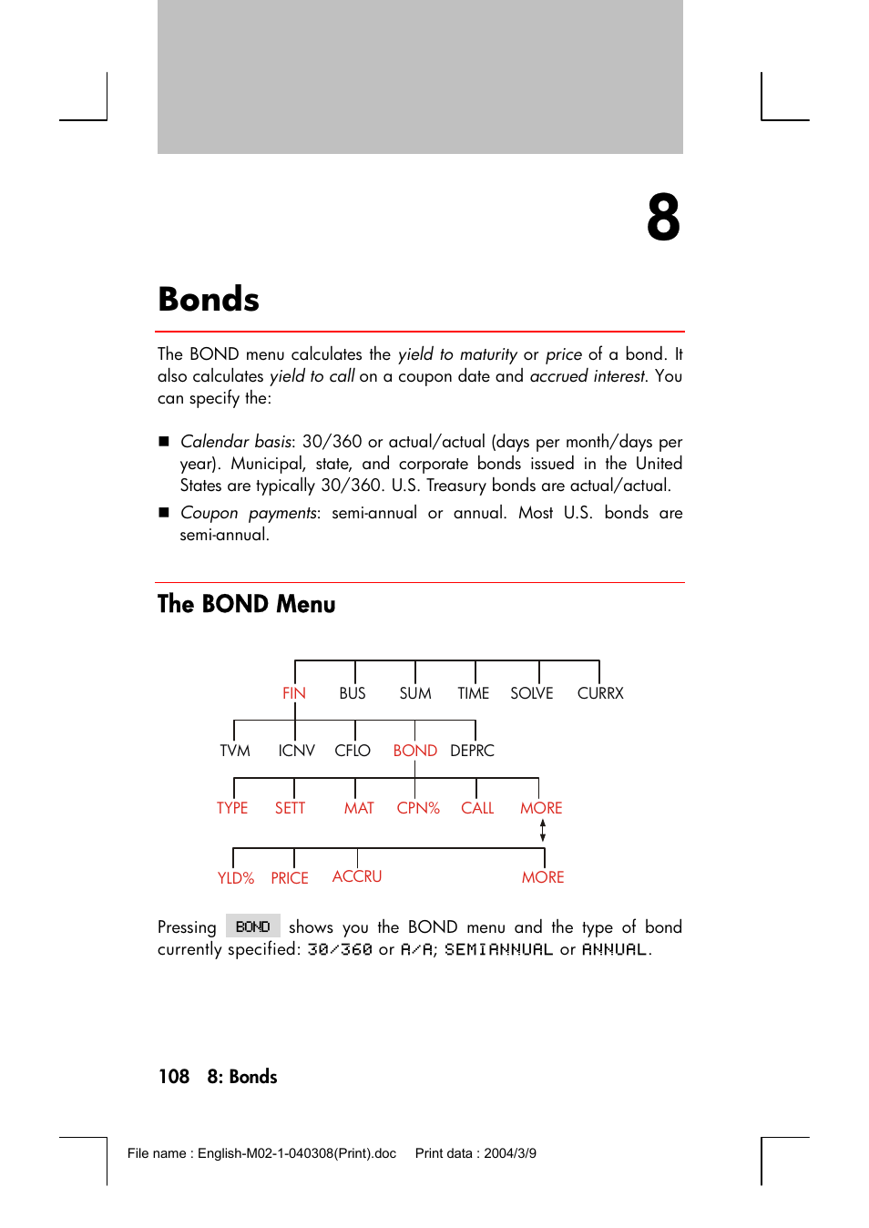 Bonds, The bond menu | HP 17bII+ User Manual | Page 108 / 310