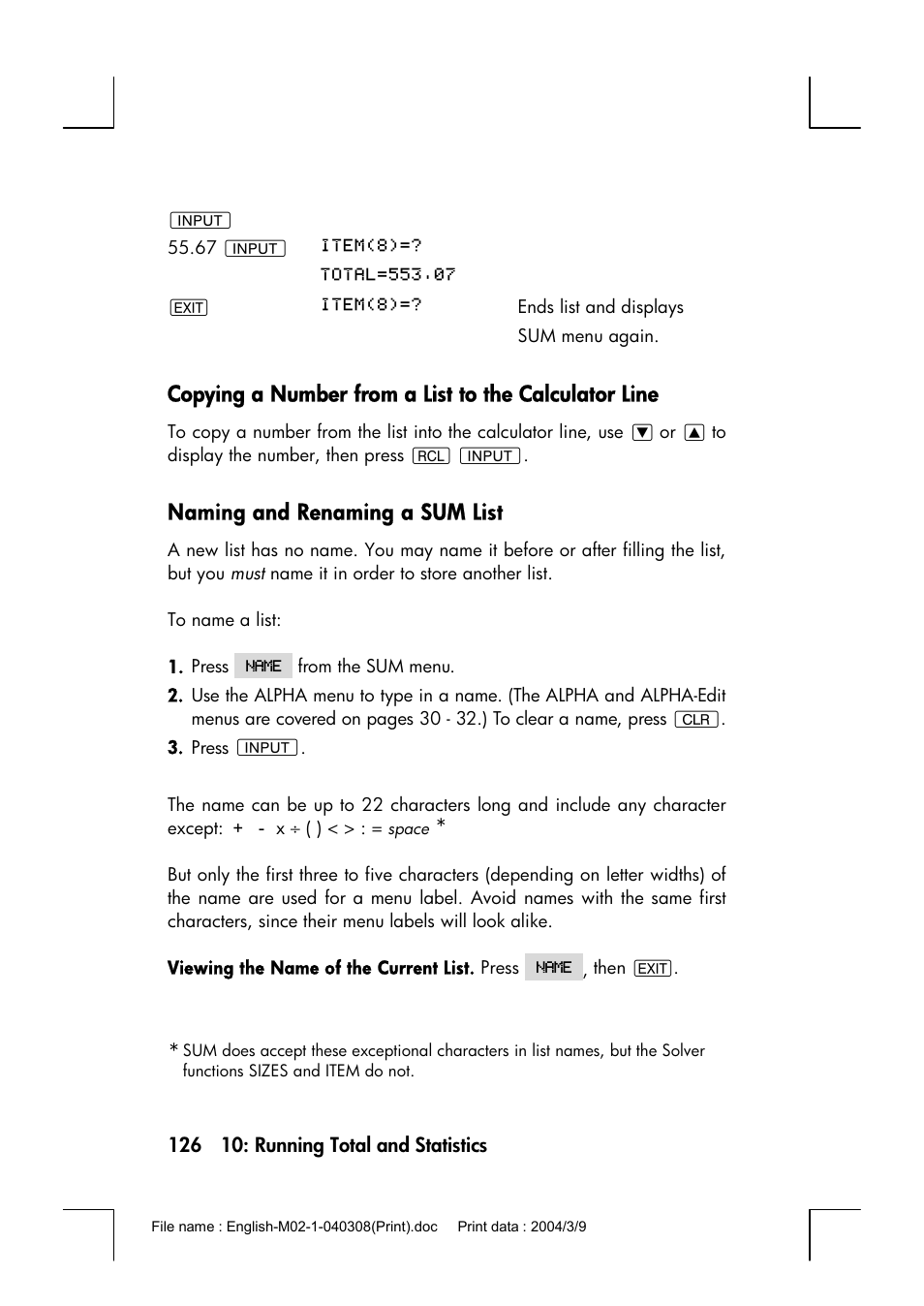 Naming and renaming a sum list | HP 17bII+ User Manual | Page 126 / 310