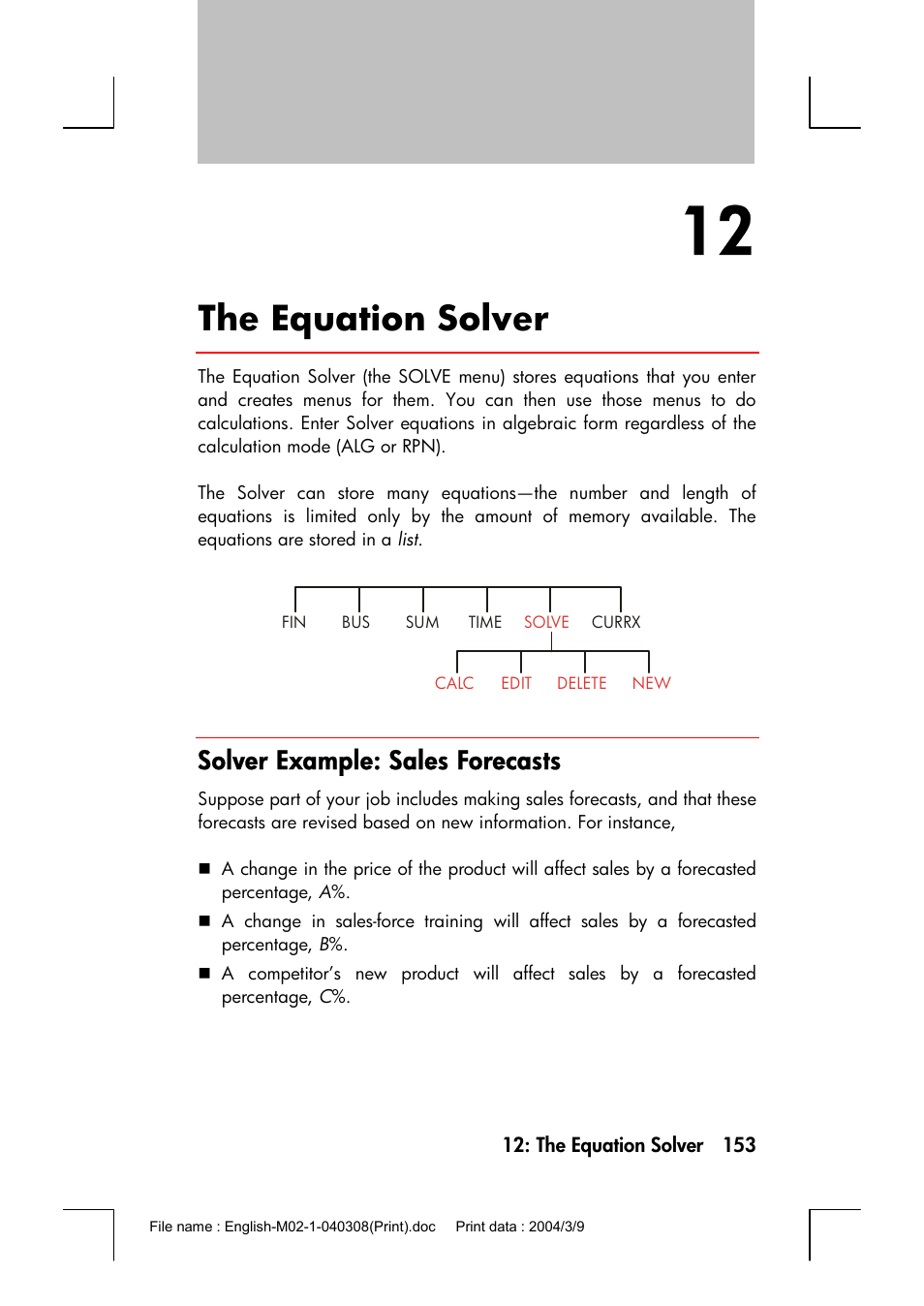 The equation solver, Solver example: sales forecasts | HP 17bII+ User Manual | Page 153 / 310