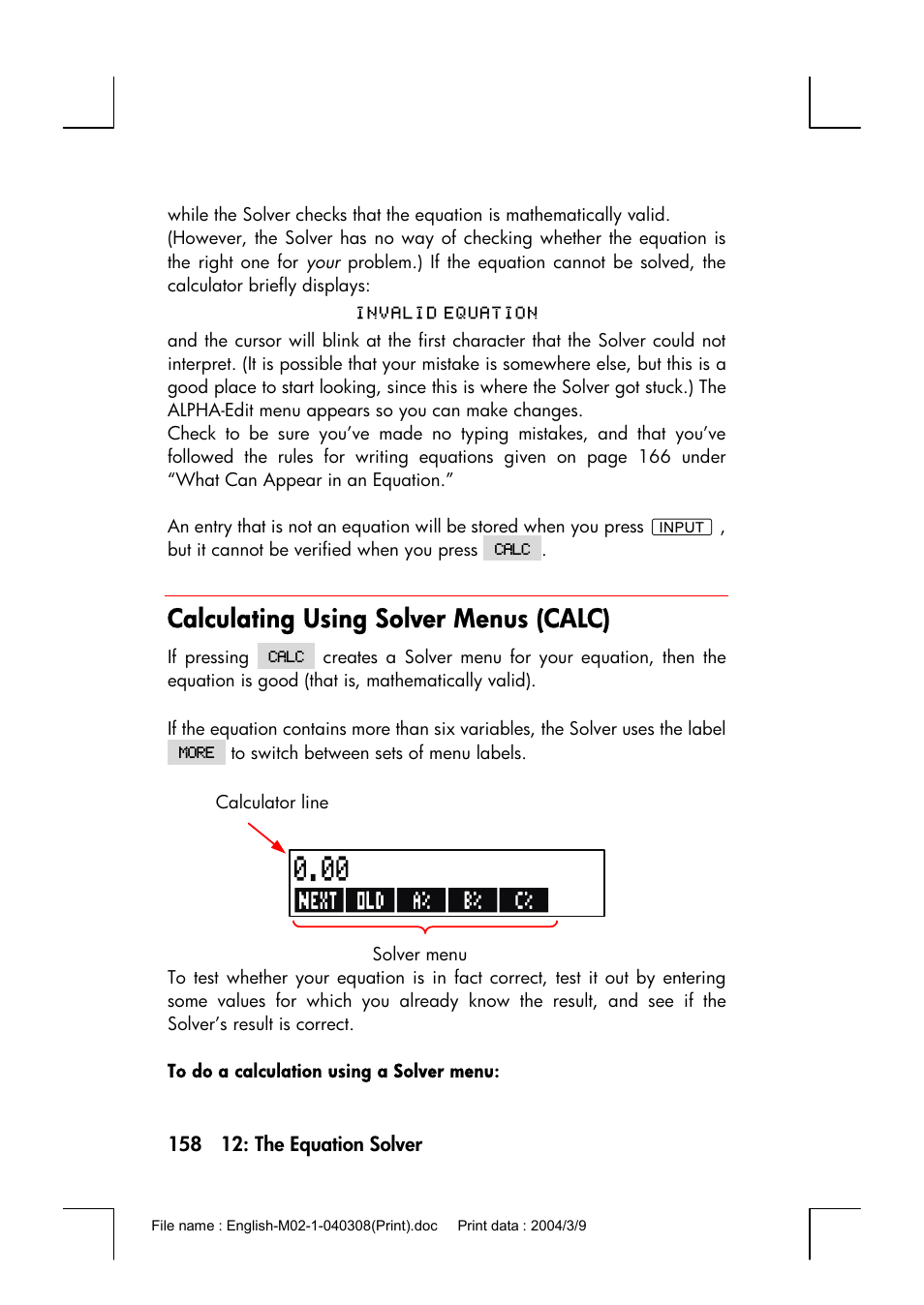 Calculating using solver menus (calc) | HP 17bII+ User Manual | Page 158 / 310