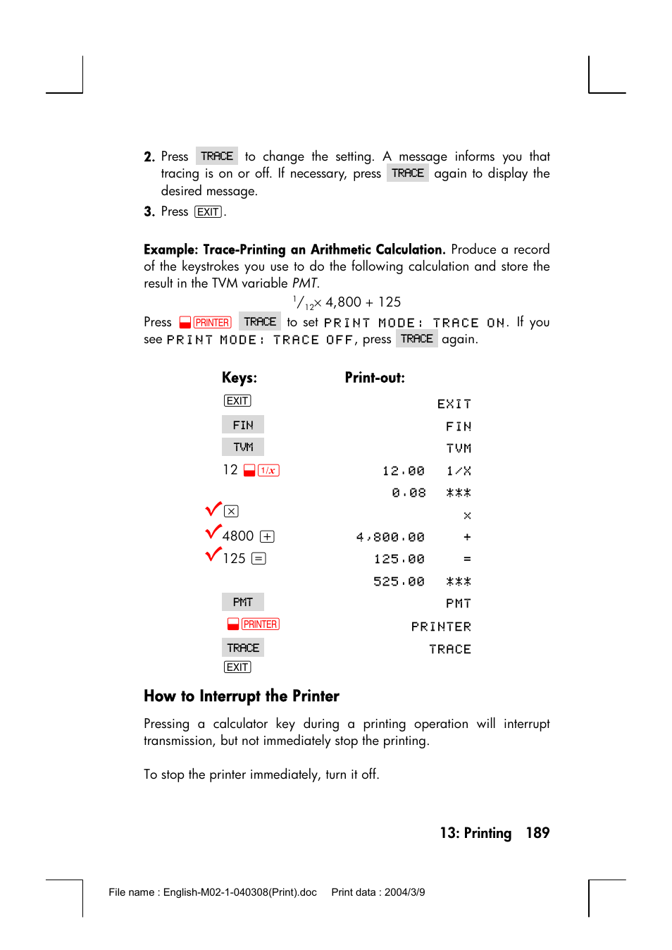 How to interrupt the printer | HP 17bII+ User Manual | Page 189 / 310