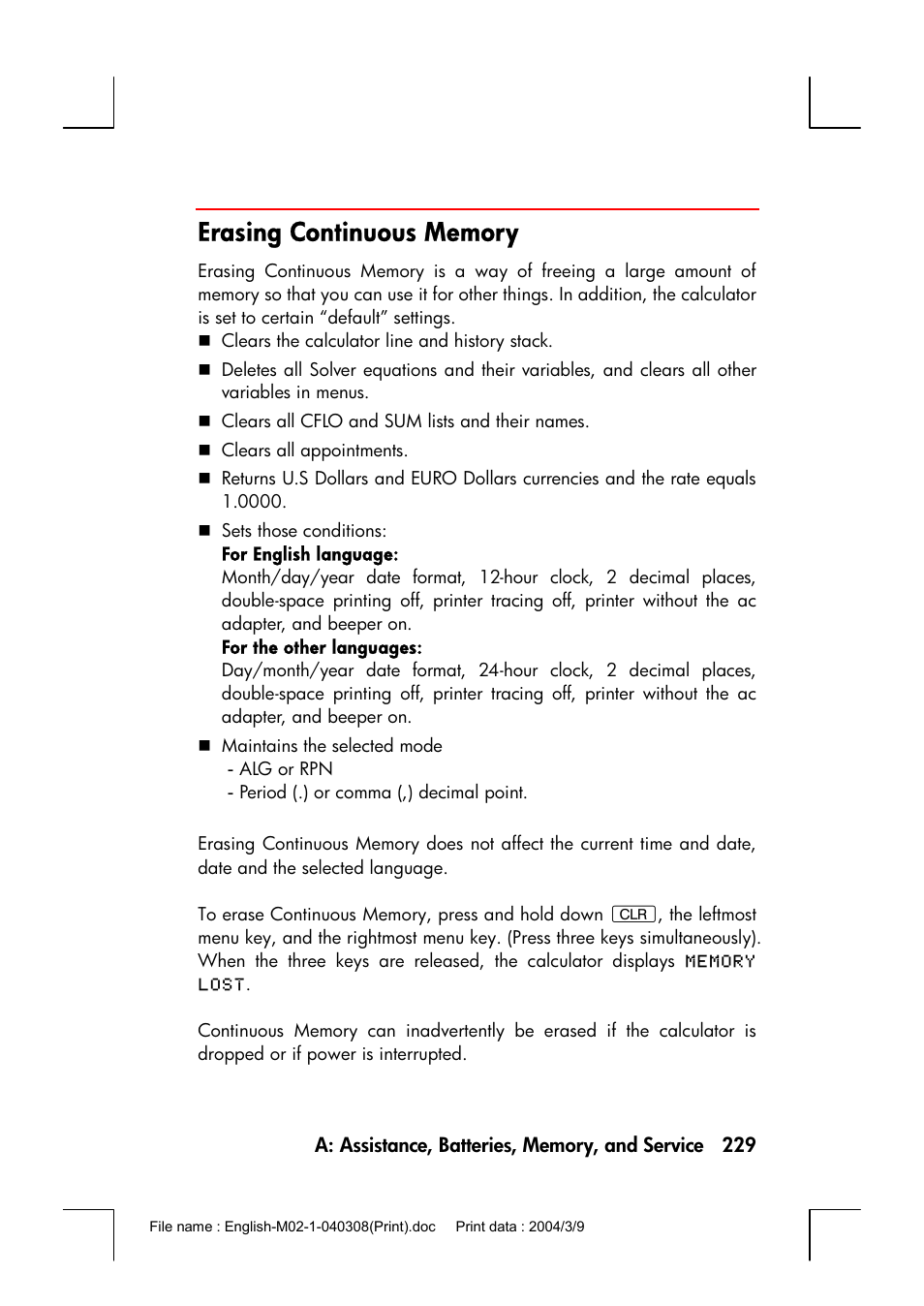 Erasing continuous memory | HP 17bII+ User Manual | Page 229 / 310