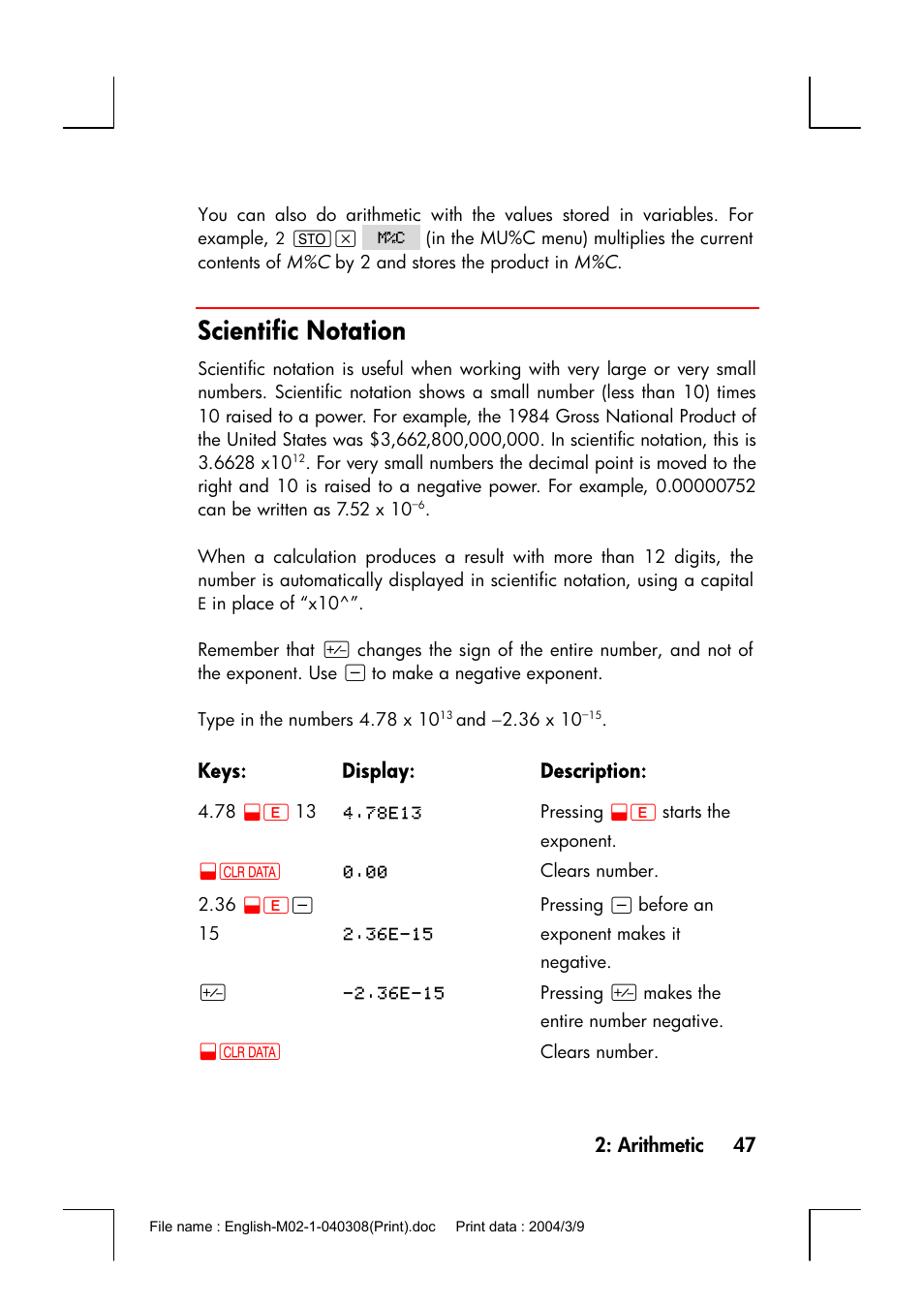 Scientific notation | HP 17bII+ User Manual | Page 47 / 310