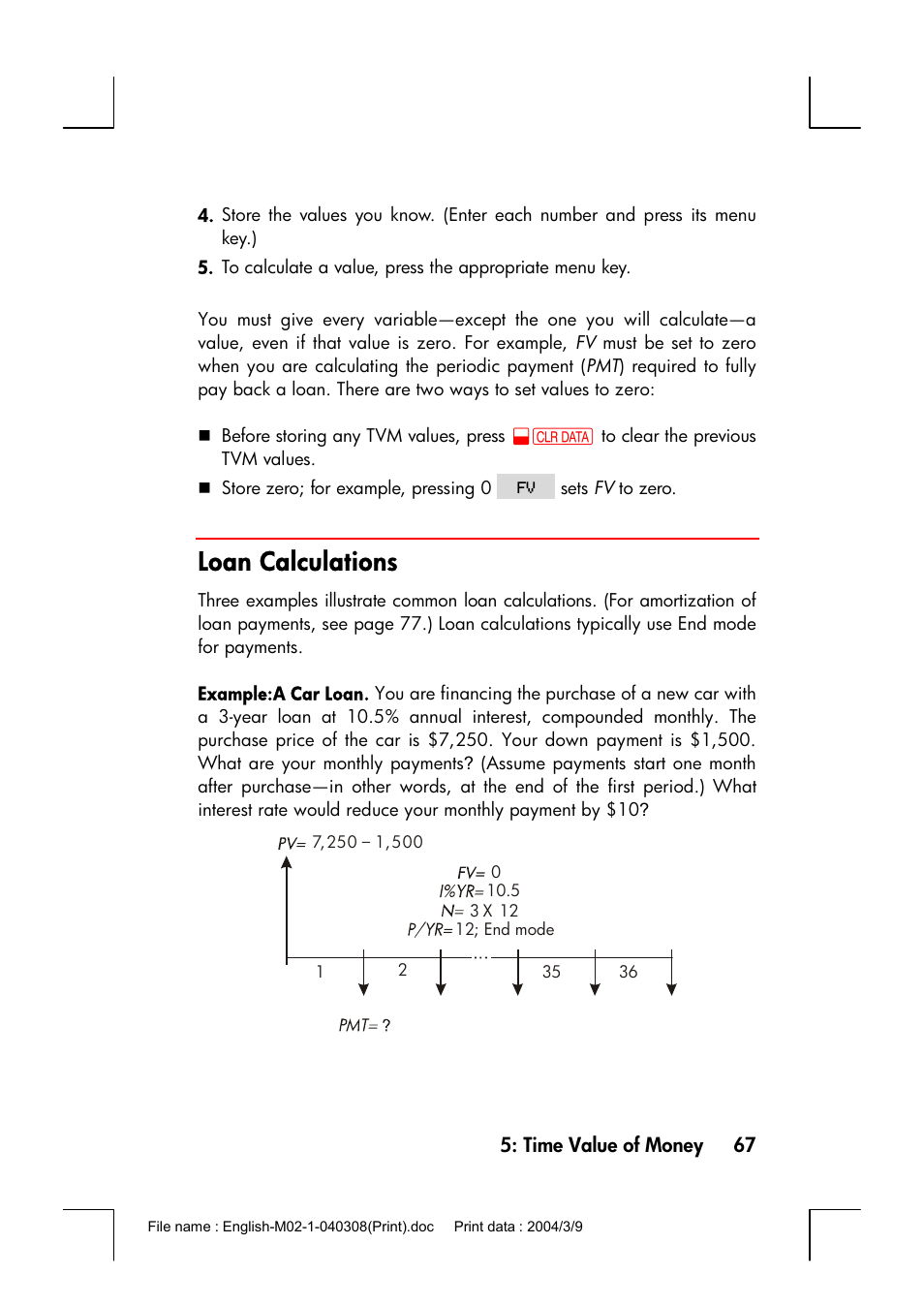 Loan calculations | HP 17bII+ User Manual | Page 67 / 310