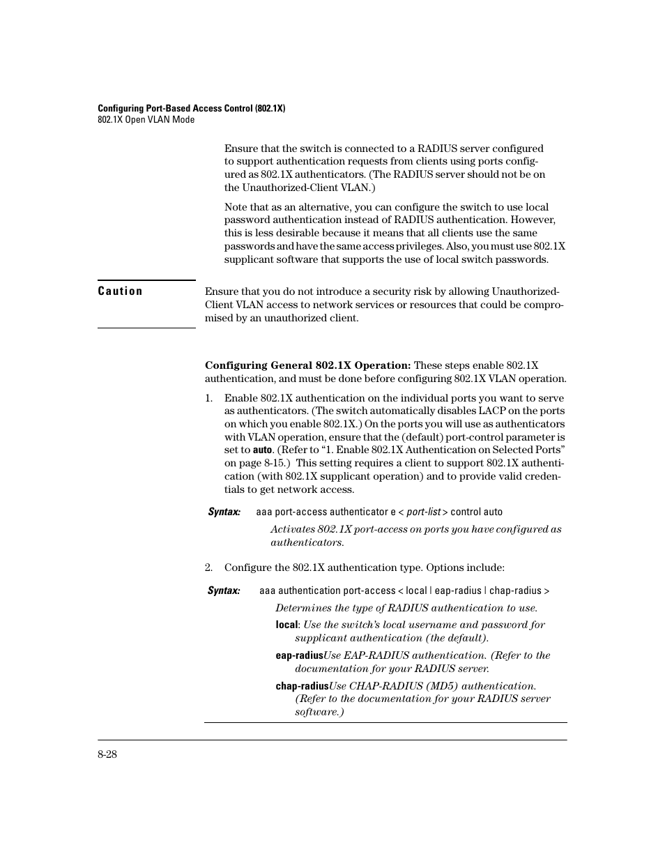 Configuring general 802.1x operation | HP 2800 User Manual | Page 210 / 300