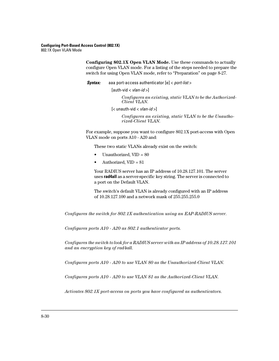 Configuring 802.1x open vlan mode, E 8-30 | HP 2800 User Manual | Page 212 / 300