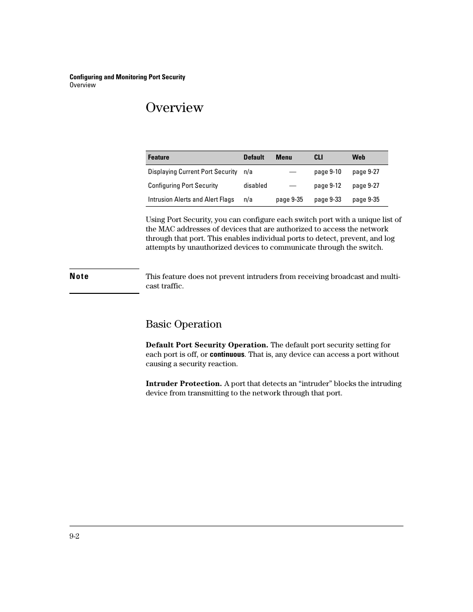 Overview, Basic operation, Default port security operation | Intruder protection, Overview -2, Basic operation -2 | HP 2800 User Manual | Page 232 / 300