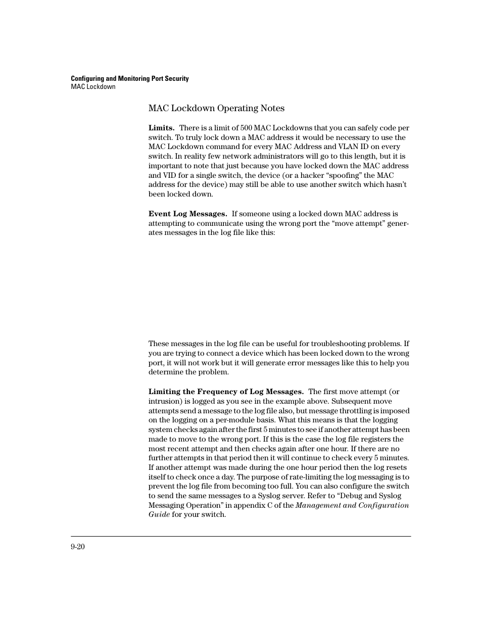 Mac lockdown operating notes, Limits, Event log messages | Limiting the frequency of log messages | HP 2800 User Manual | Page 250 / 300