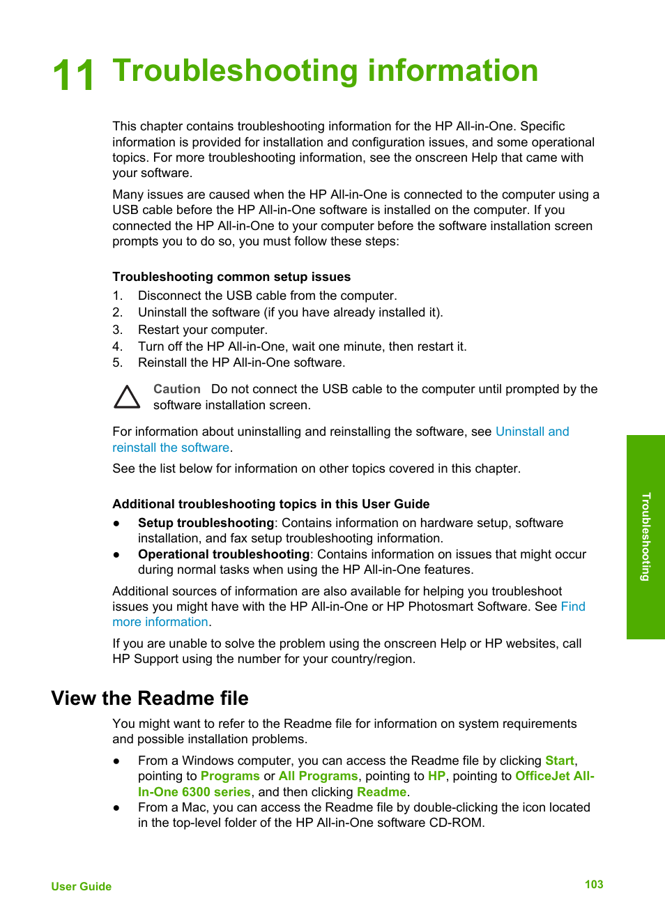 Troubleshooting information, View the readme file, 11 troubleshooting information | HP 6300 User Manual | Page 106 / 167