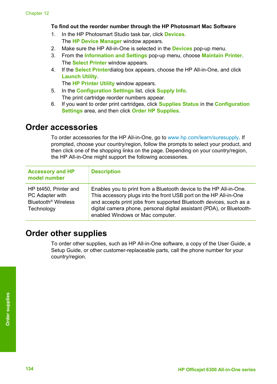 Order accessories, Order other supplies, Order accessories order other supplies | HP 6300 User Manual | Page 137 / 167