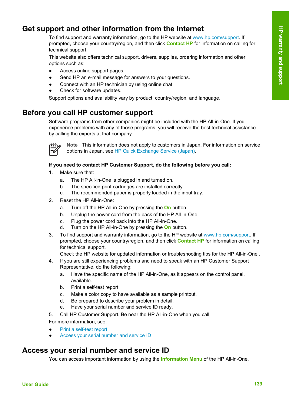 Before you call hp customer support, Access your serial number and service id | HP 6300 User Manual | Page 142 / 167