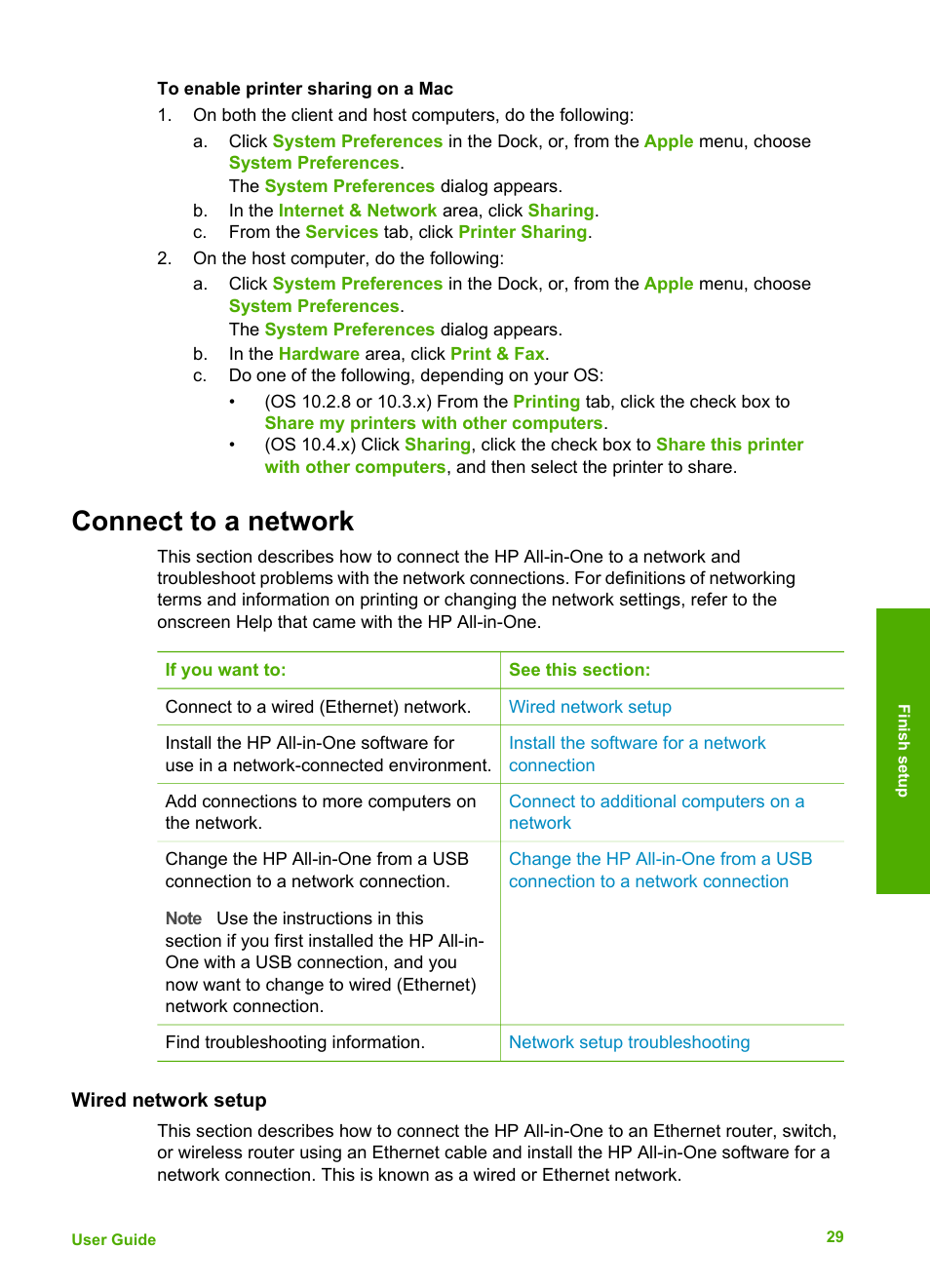 Connect to a network, Wired network setup, Connect to | A network, In this user, Connect, To a network | HP 6300 User Manual | Page 32 / 167