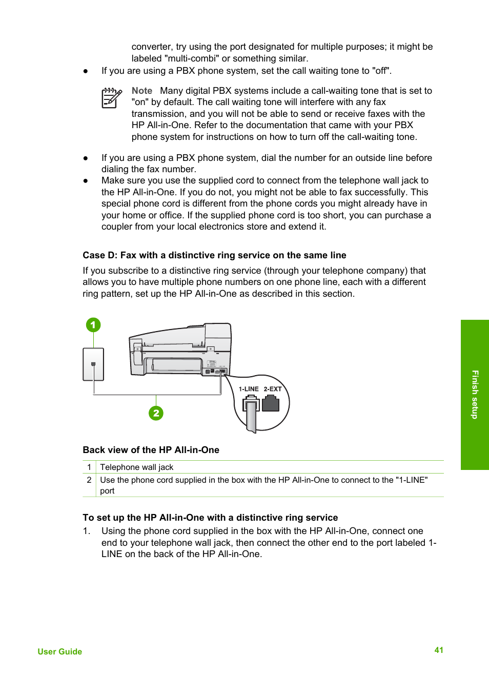 Case d: fax with a distinctive ring, Service on the same line | HP 6300 User Manual | Page 44 / 167
