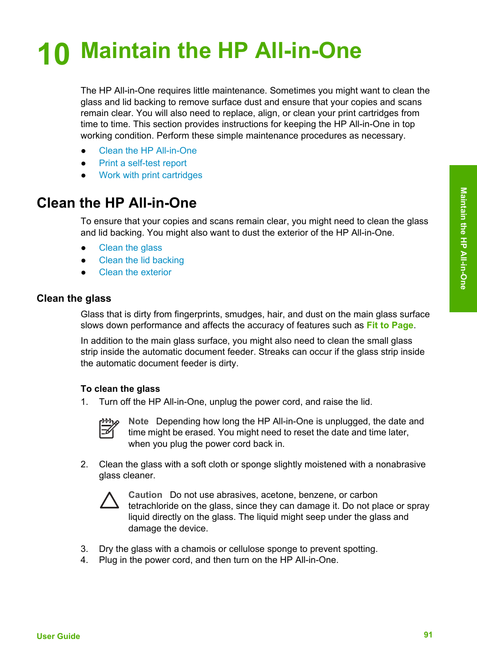 Maintain the hp all-in-one, Clean the hp all-in-one, Clean the glass | 10 maintain the hp all-in-one | HP 6300 User Manual | Page 94 / 167