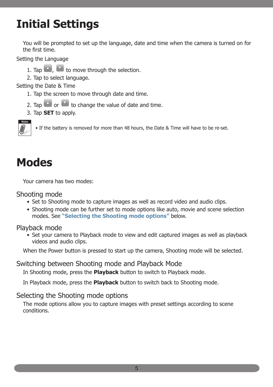 Initial settings, Modes, Shooting mode | Playback mode, Switching between shooting mode and playback mode, Selecting the shooting mode options | HP PB360T User Manual | Page 14 / 64