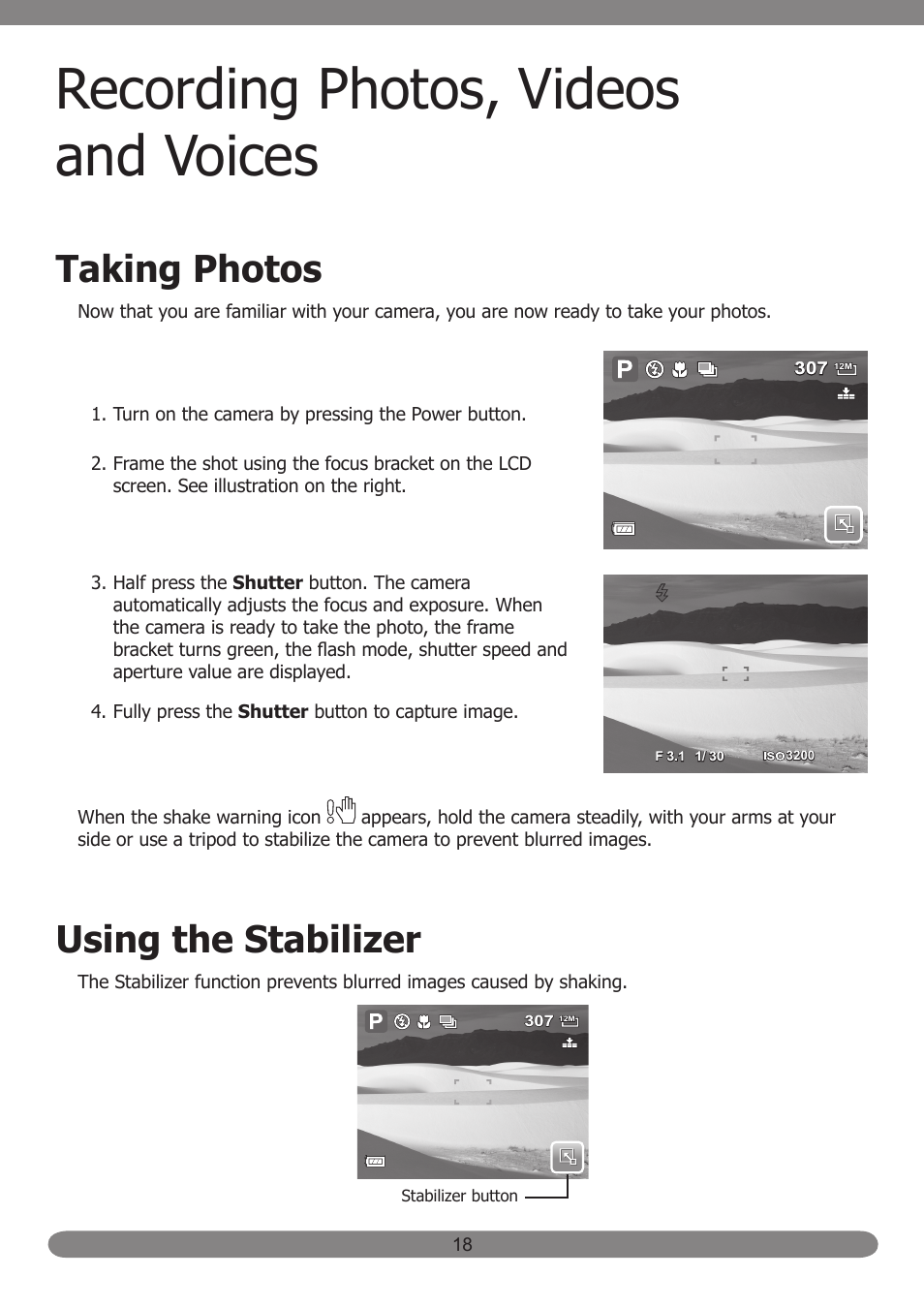 Recording photos, videos and voices, Taking photos, Using the stabilizer | HP PB360T User Manual | Page 27 / 64