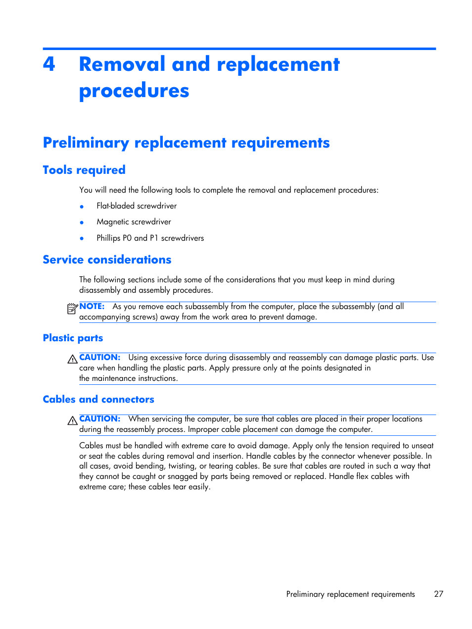 Removal and replacement procedures, Preliminary replacement requirements, Tools required | Service considerations, Plastic parts, Cables and connectors, 4 removal and replacement procedures, Tools required service considerations, Plastic parts cables and connectors | HP 15 User Manual | Page 35 / 101