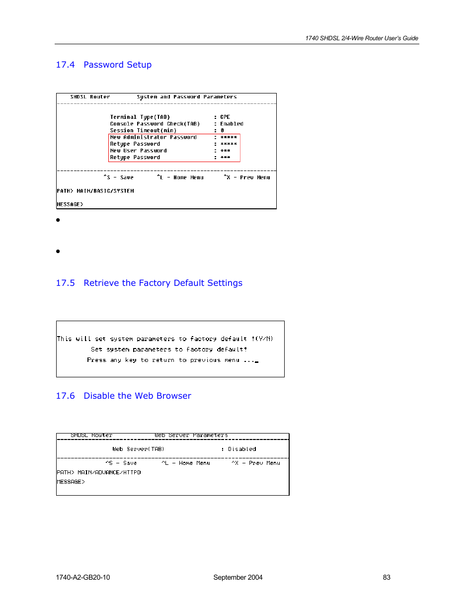 Password setup, Retrieve the factory default settings, Disable the web browser | HP 1740 SHDSL User Manual | Page 83 / 87