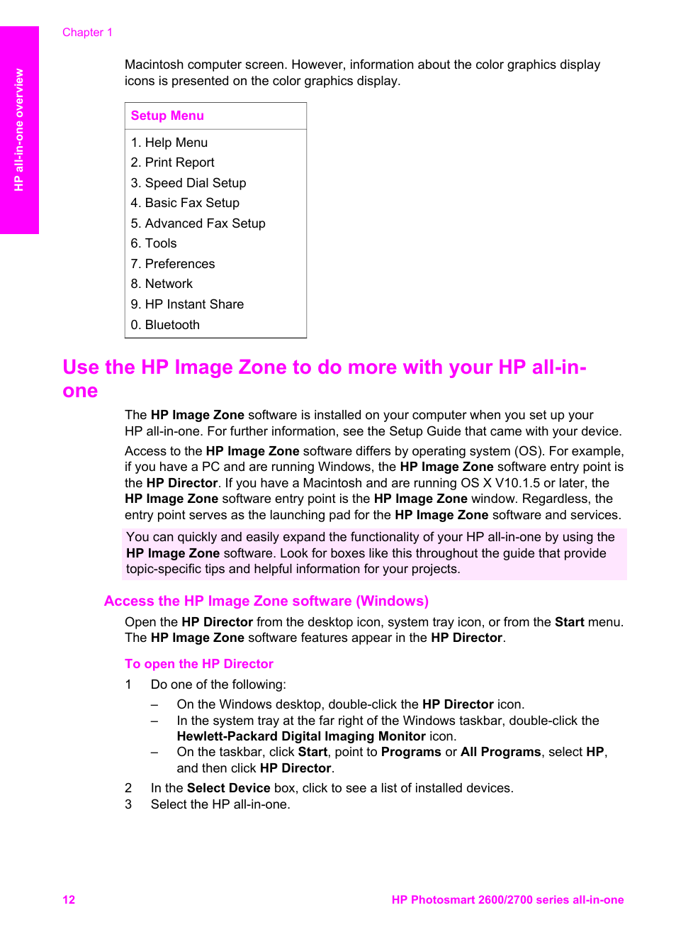 Access the hp image zone software (windows) | HP 2600/2700 User Manual | Page 15 / 241