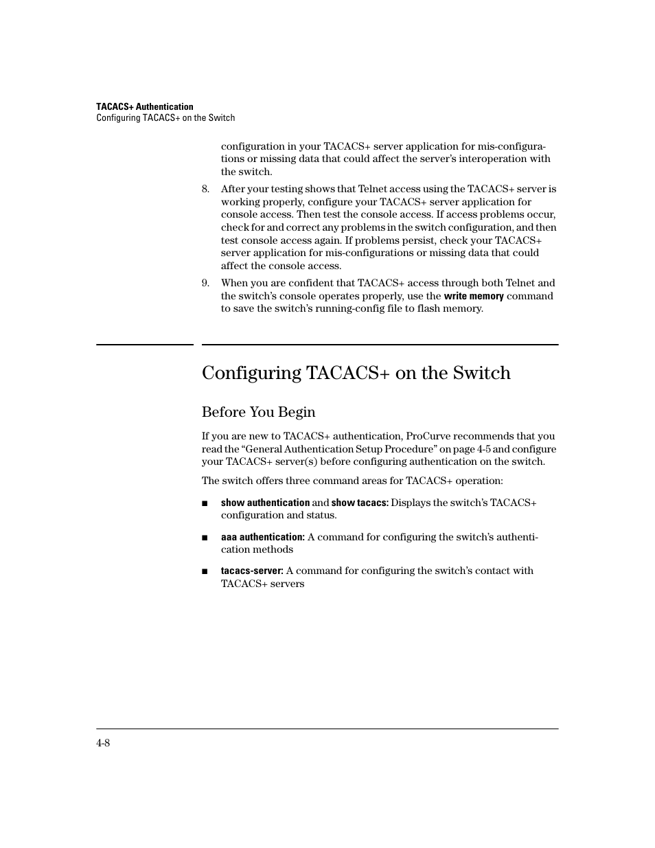 Configuring tacacs+ on the switch, Before you begin, Configuring tacacs+ on the switch -8 | Before you begin -8 | HP 2600 Series User Manual | Page 82 / 306