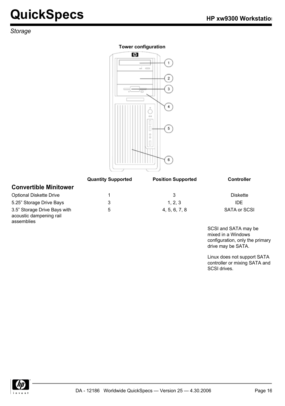 Storage, Quickspecs, Convertible minitower | Hp xw9300 workstation storage | HP XW9300 User Manual | Page 16 / 75