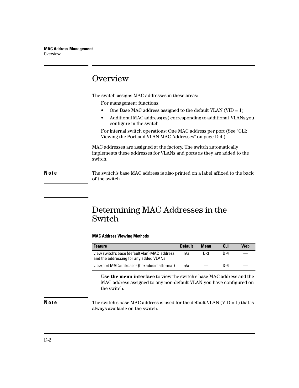 Overview, Determining mac addresses in the switch | HP 2600 User Manual | Page 398 / 418