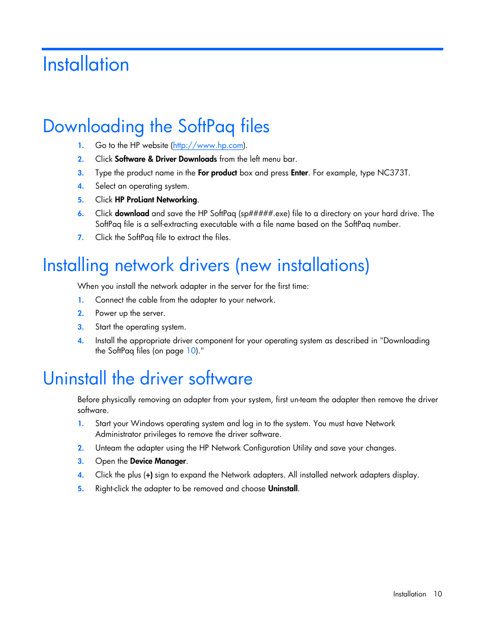Installation, Downloading the softpaq files, Installing network drivers (new installations) | Uninstall the driver software | HP 441877-00F User Manual | Page 10 / 82