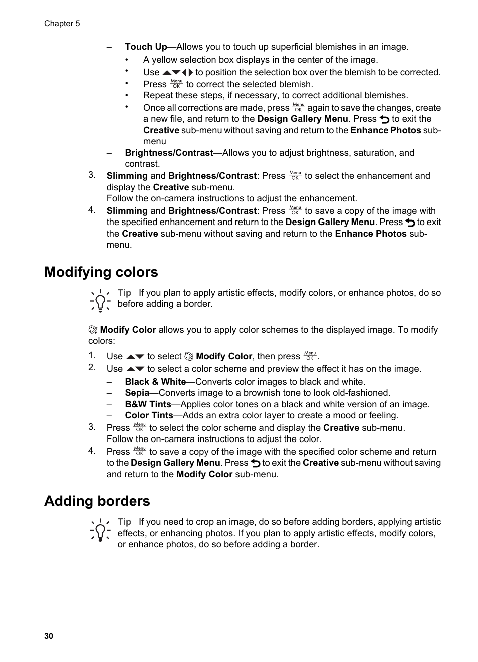 Modifying colors, Adding borders, Modifying colors adding borders | HP Photosmart R837 User Manual | Page 30 / 56