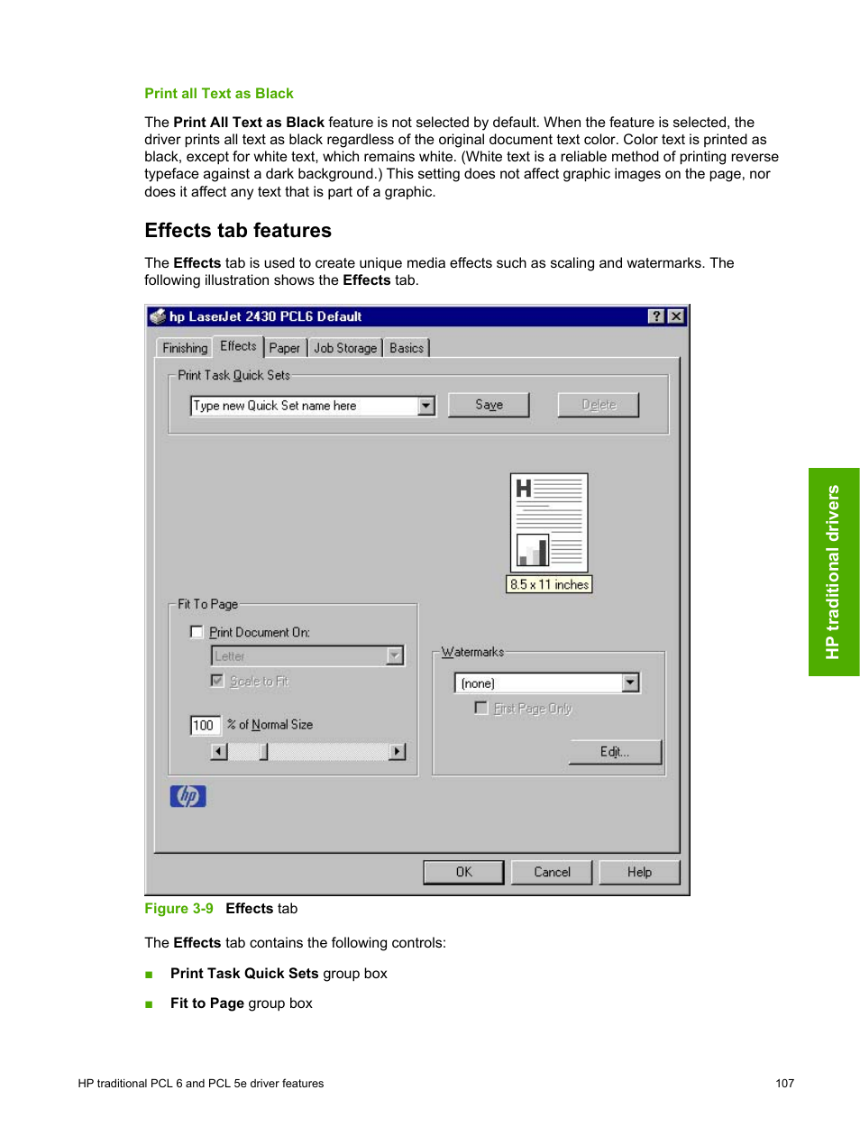 Print all text as black, Effects tab features | HP 2420 User Manual | Page 123 / 334