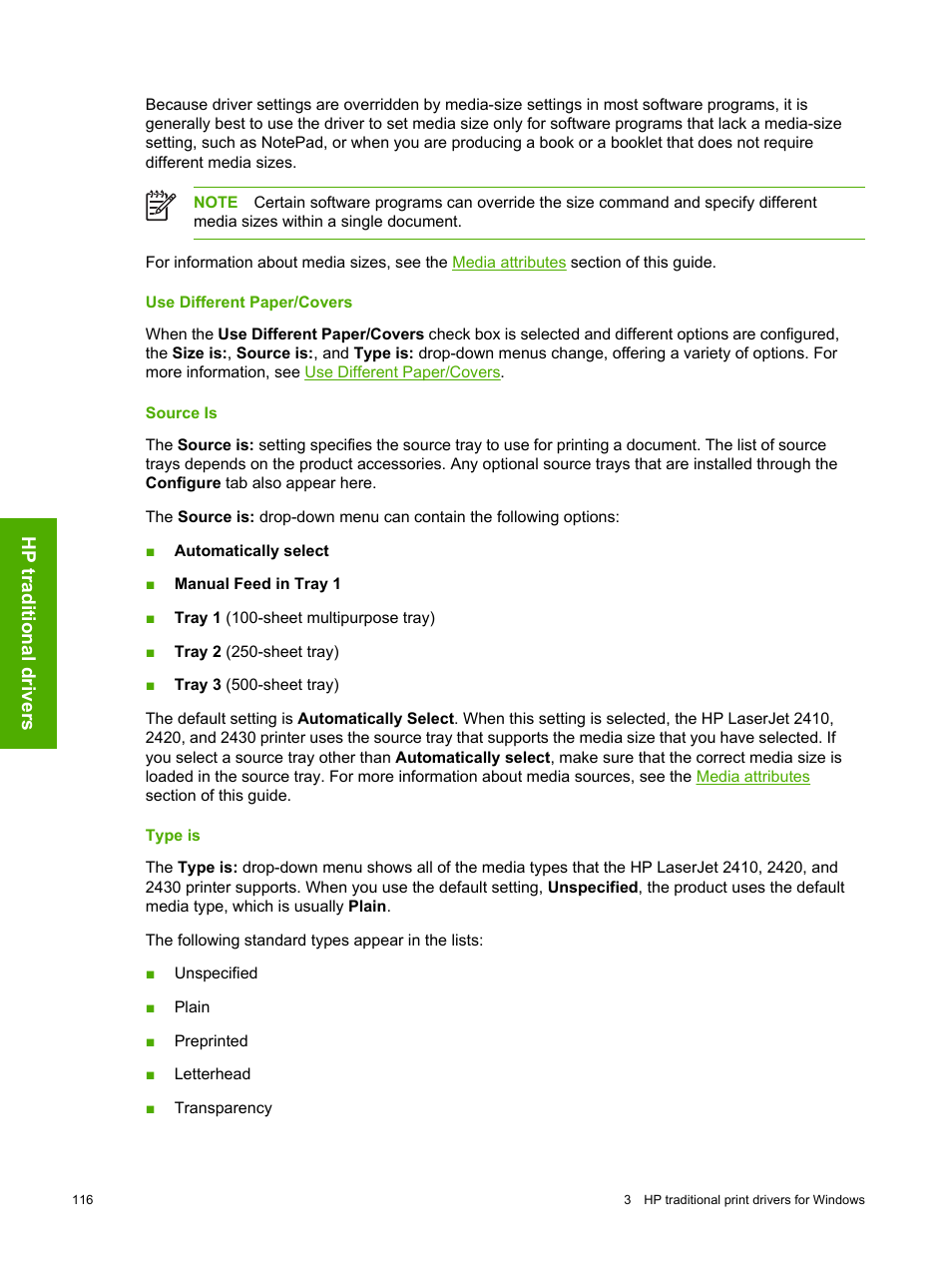 Use different paper/covers, Source is, Type is | Use different paper/covers source is type is | HP 2420 User Manual | Page 132 / 334